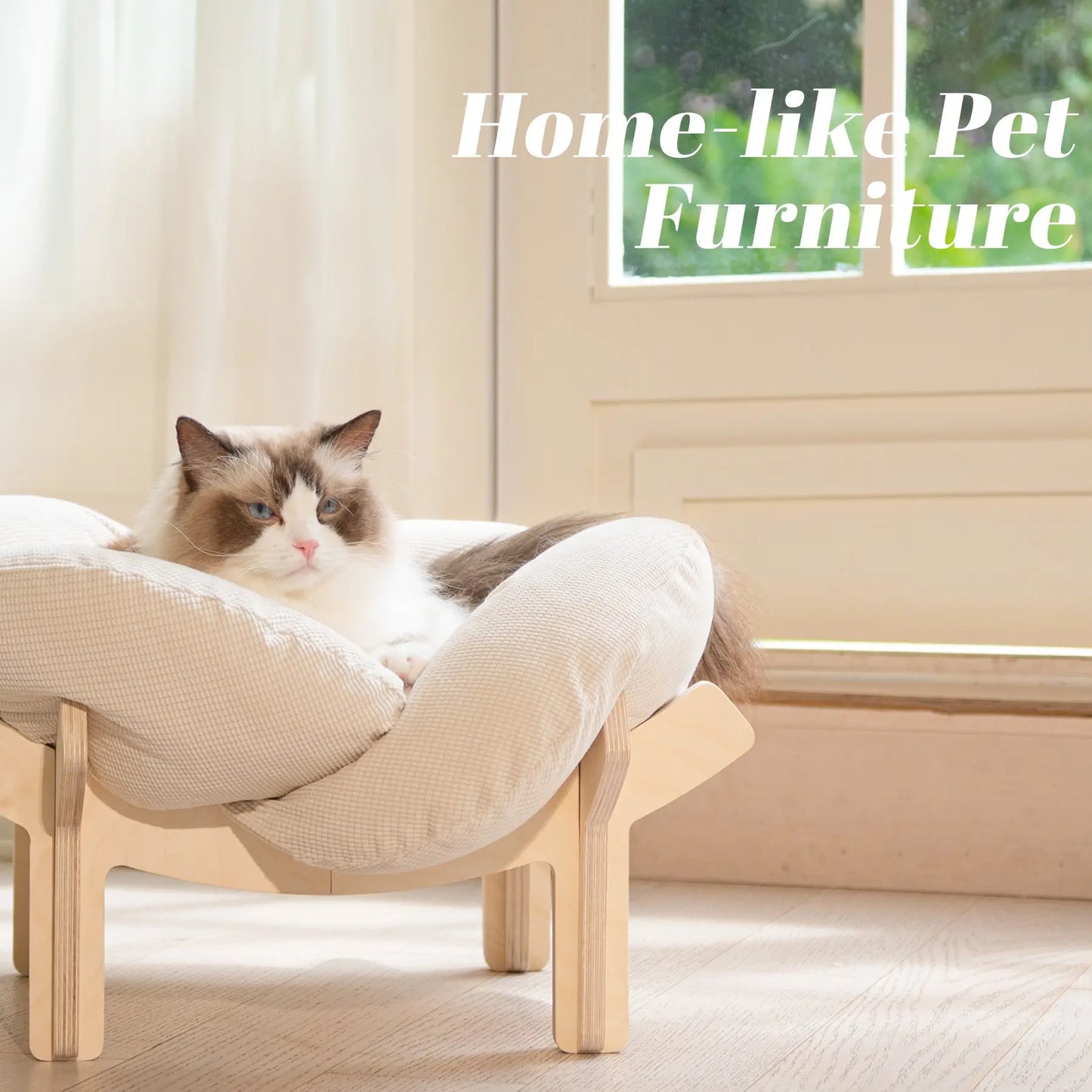 Premium Elevated Pet Lounge – Modern Petal-Design Wooden Bed for Cats & Small Dogs