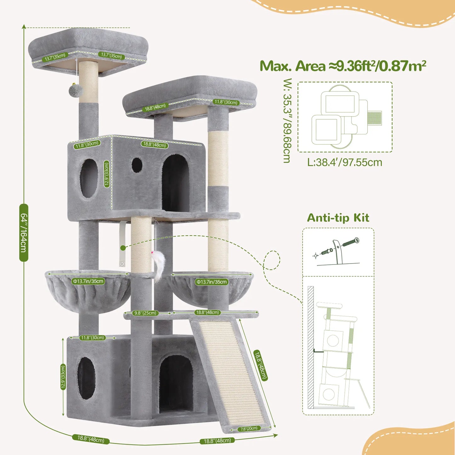 Premium 64" Multi-Level Cat Tower – Heavy-Duty Architectural Tree with Luxury Hammocks & Condo