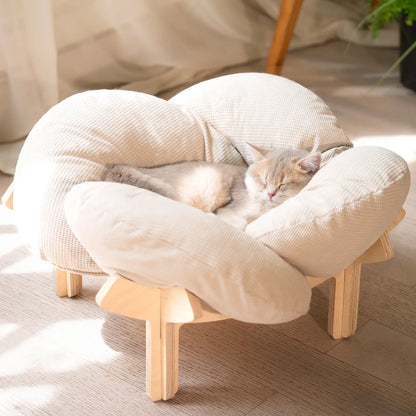 Premium Elevated Pet Lounge – Modern Petal-Design Wooden Bed for Cats & Small Dogs