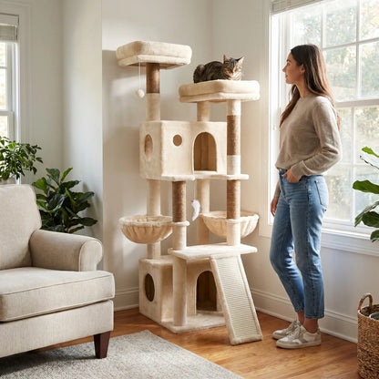 Premium 64" Multi-Level Cat Tower – Heavy-Duty Architectural Tree with Luxury Hammocks & Condo