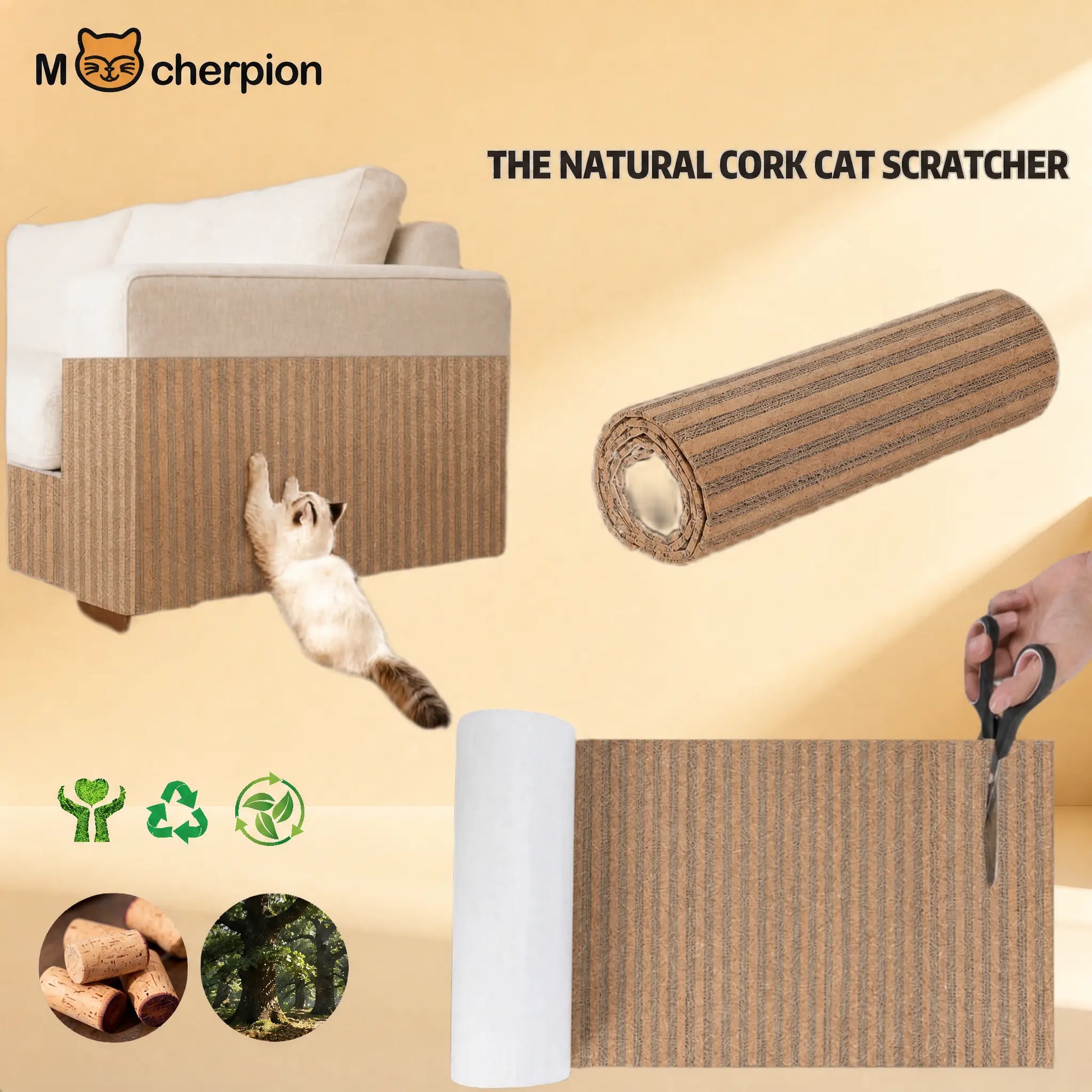 Premium Natural Cork Cat Scratcher – Trimmable Furniture Protector & Wall Guard with 3M Adhesive