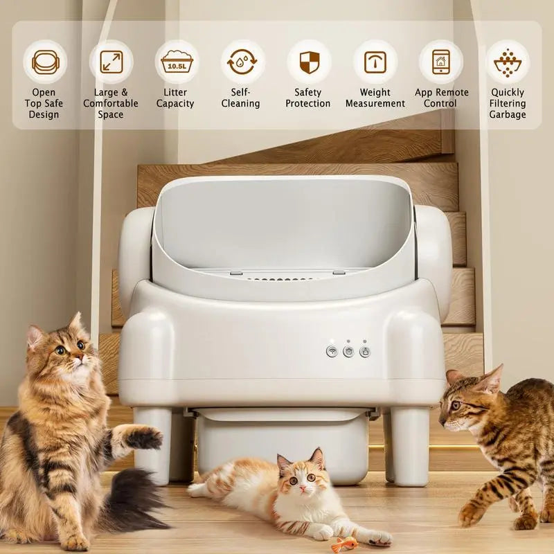 Smart Open-Top Self-Cleaning Litter Box – Automatic Cat Litterbox with Health Tracking & App Control