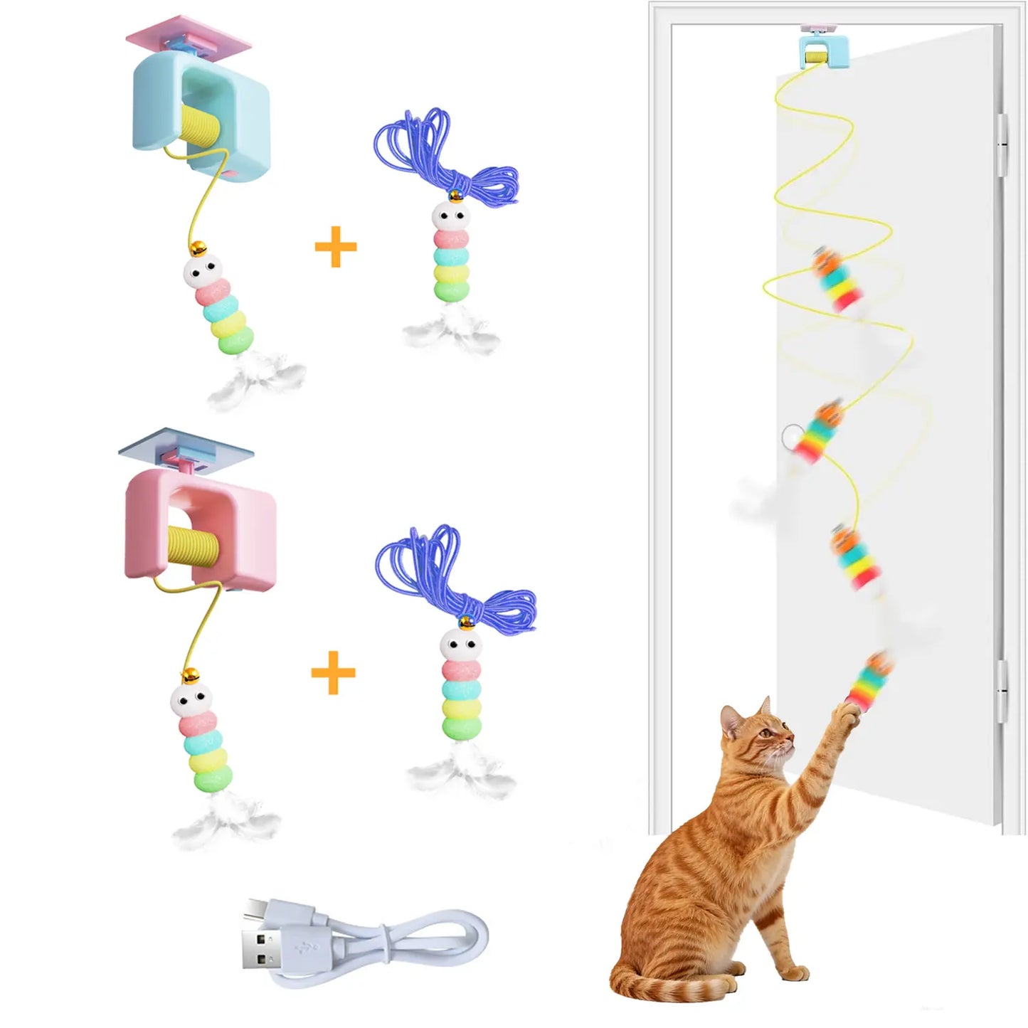 Smart Hanging Door Cat Toy – Automated Electric Feather Teaser with Elastic Rope