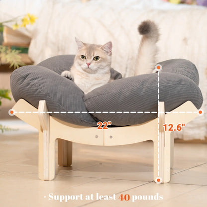 Premium Elevated Pet Lounge – Modern Petal-Design Wooden Bed for Cats & Small Dogs