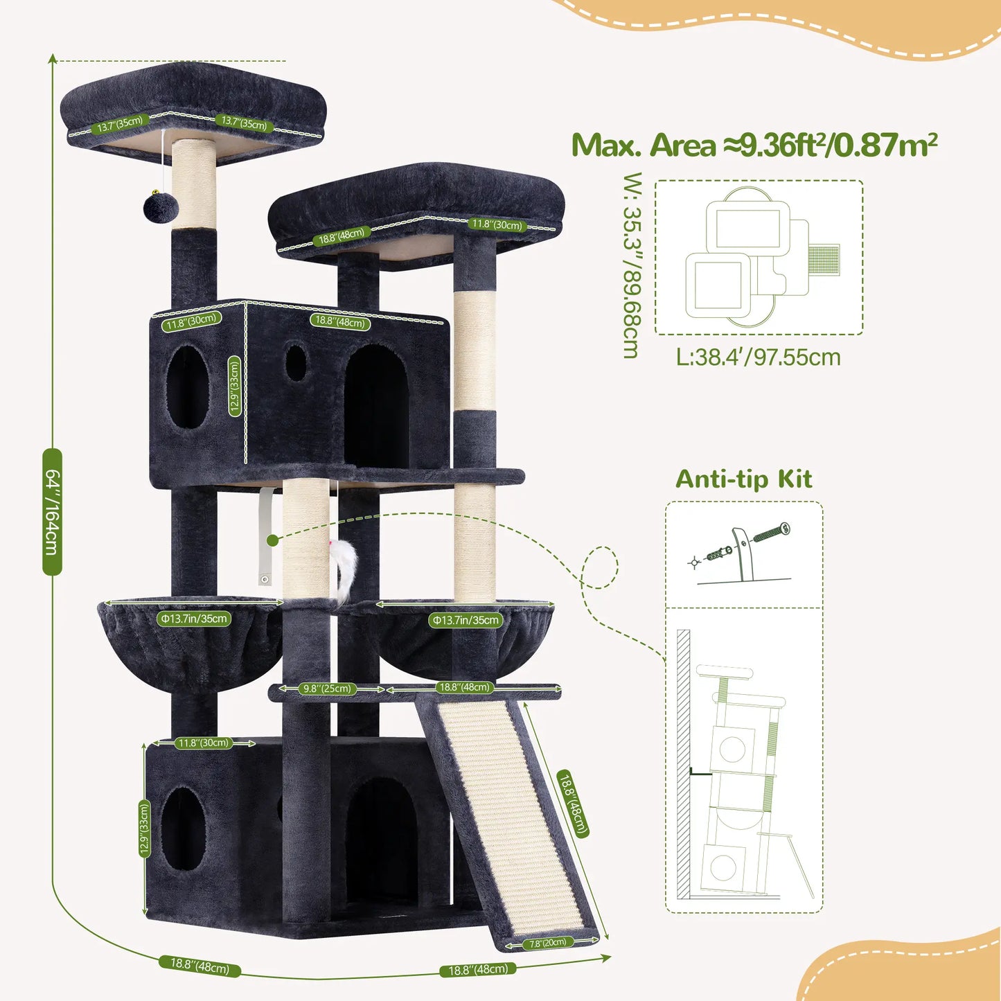 Premium 64" Multi-Level Cat Tower – Heavy-Duty Architectural Tree with Luxury Hammocks & Condo
