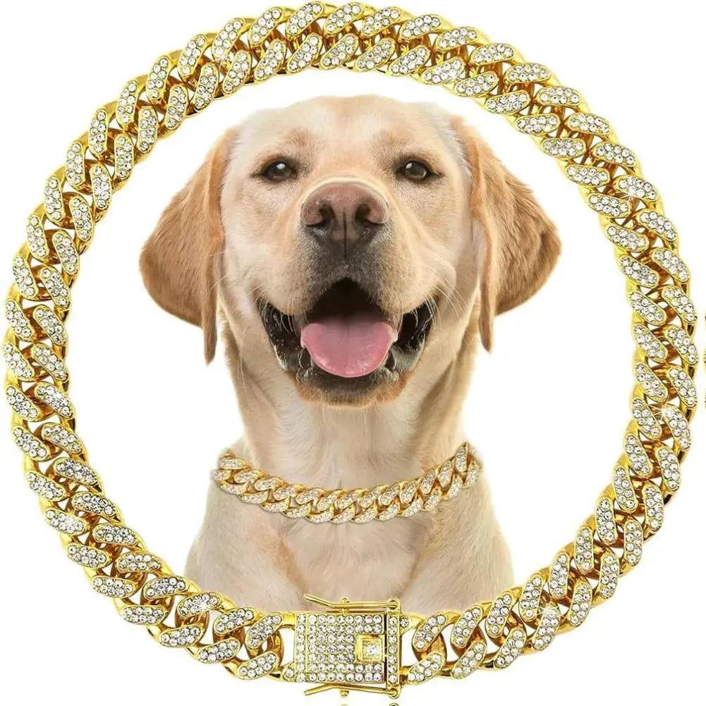 Premium Cuban Link Dog Collar – Elegant Rhinestone Metal Chain for Pets