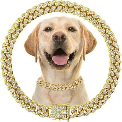 Premium Cuban Link Dog Collar – Elegant Rhinestone Metal Chain for Pets