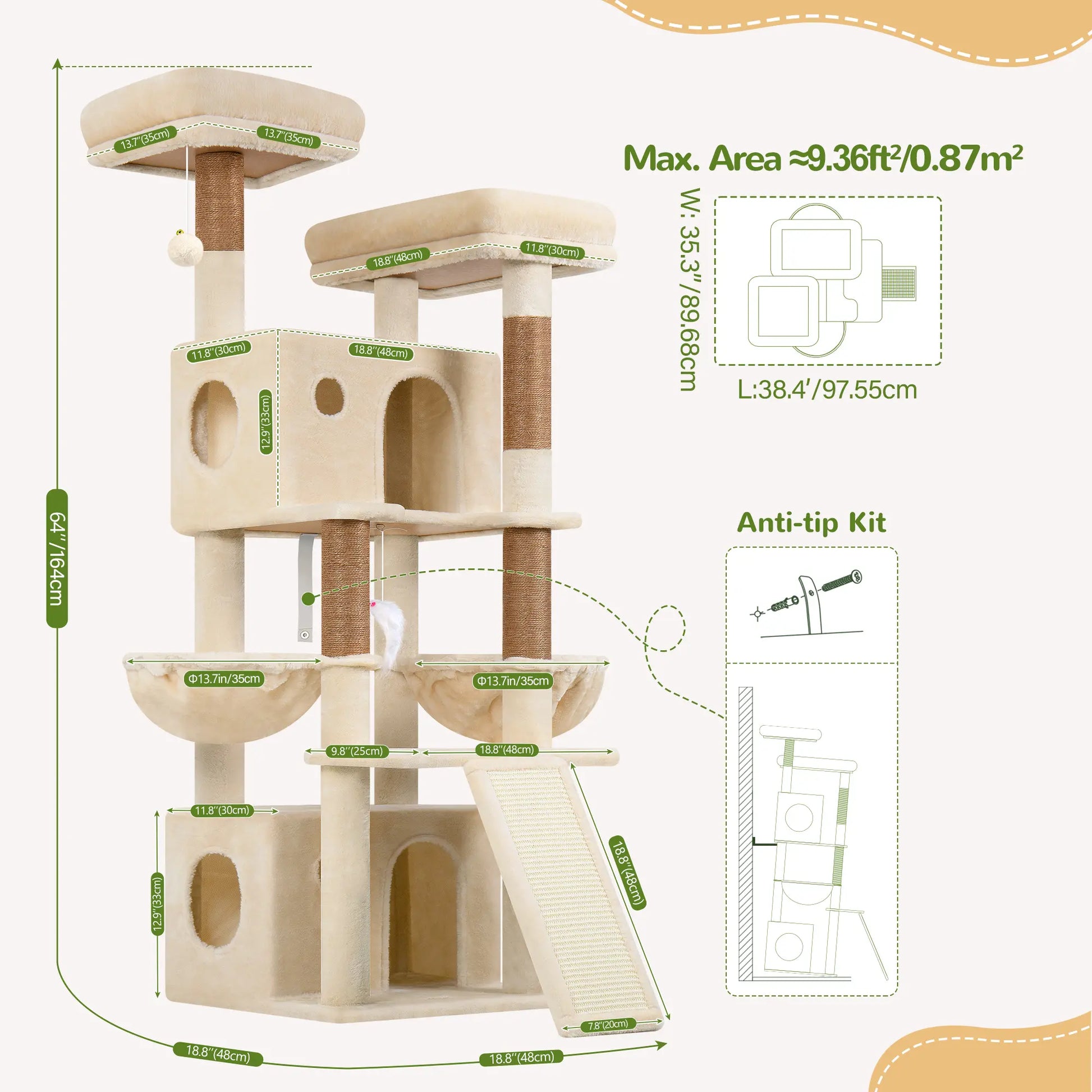 Premium 64" Multi-Level Cat Tower – Heavy-Duty Architectural Tree with Luxury Hammocks & Condo