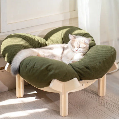 Premium Elevated Pet Lounge – Modern Petal-Design Wooden Bed for Cats & Small Dogs