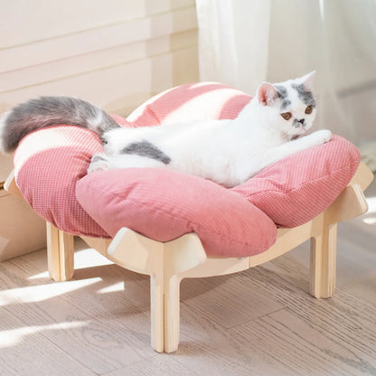 Premium Elevated Pet Lounge – Modern Petal-Design Wooden Bed for Cats & Small Dogs